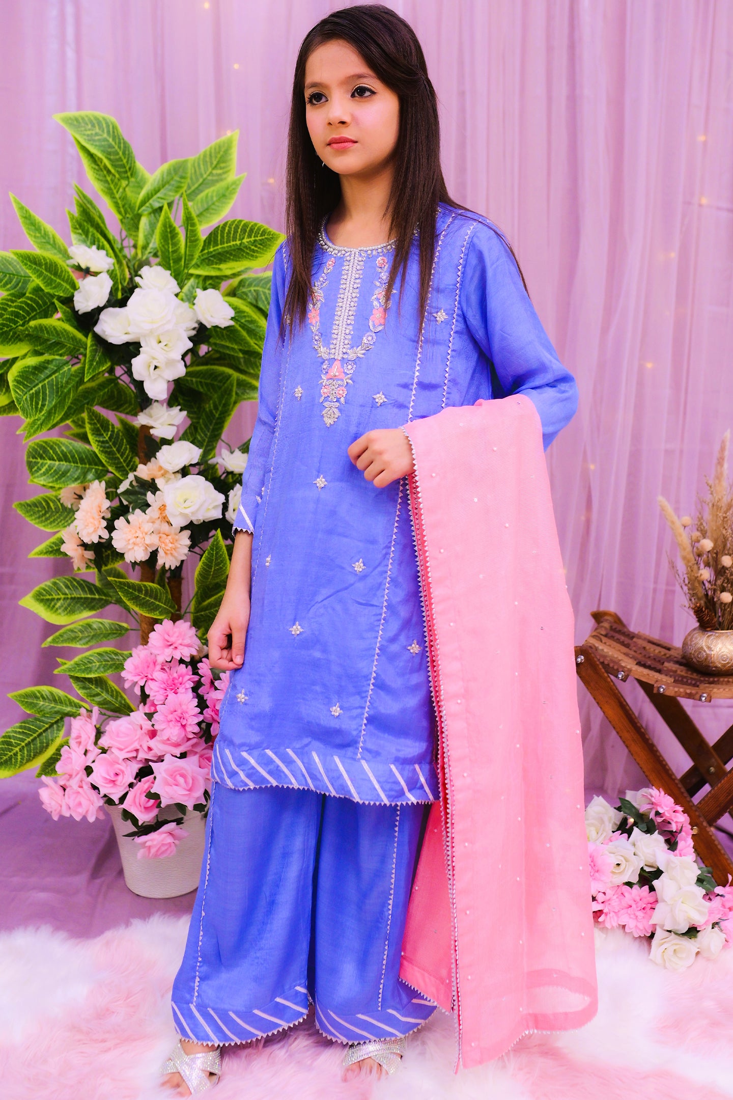 formal 3 piece panel frock, dupatta & palazzo