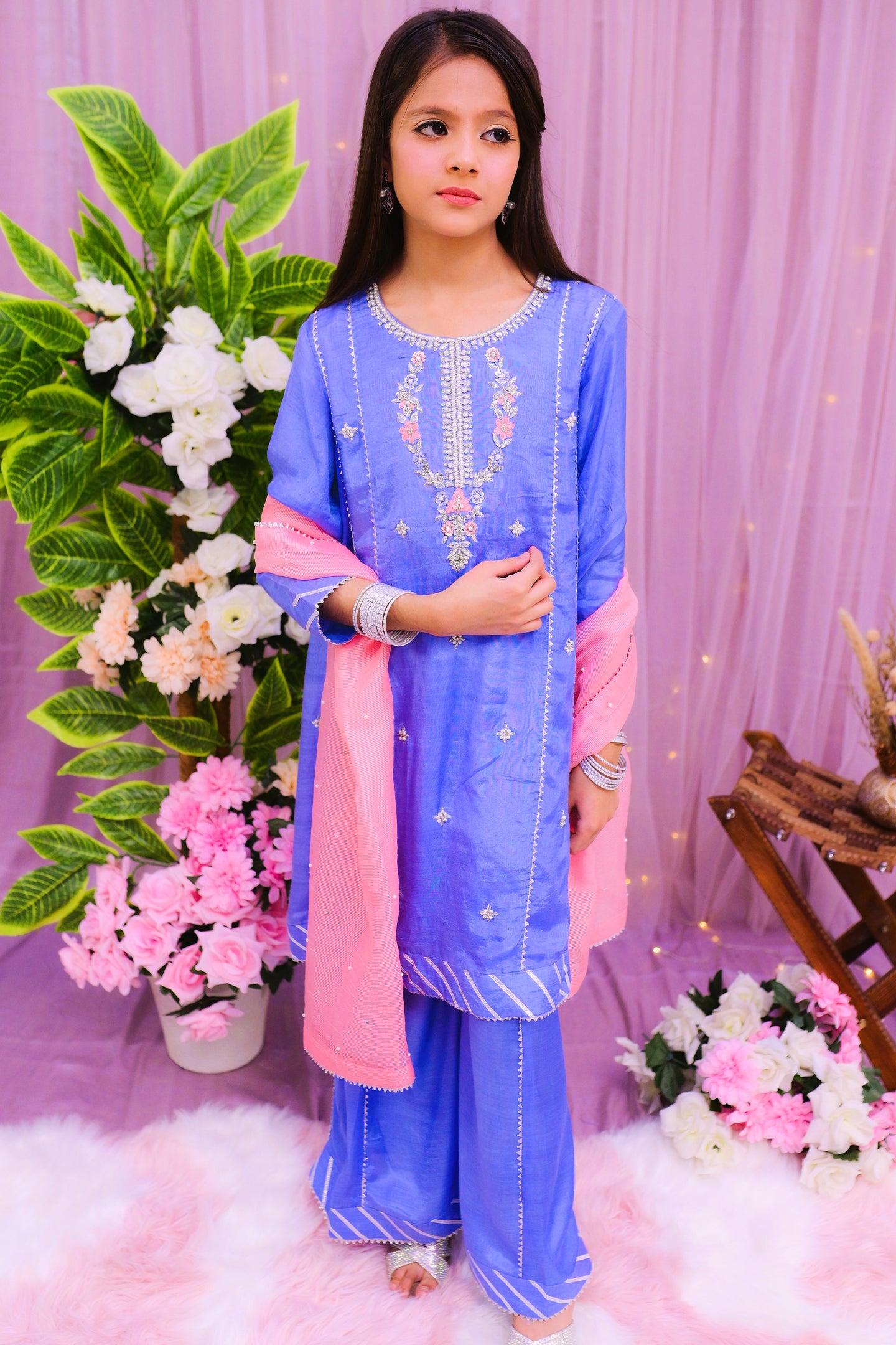 formal 3 piece panel frock, dupatta & palazzo