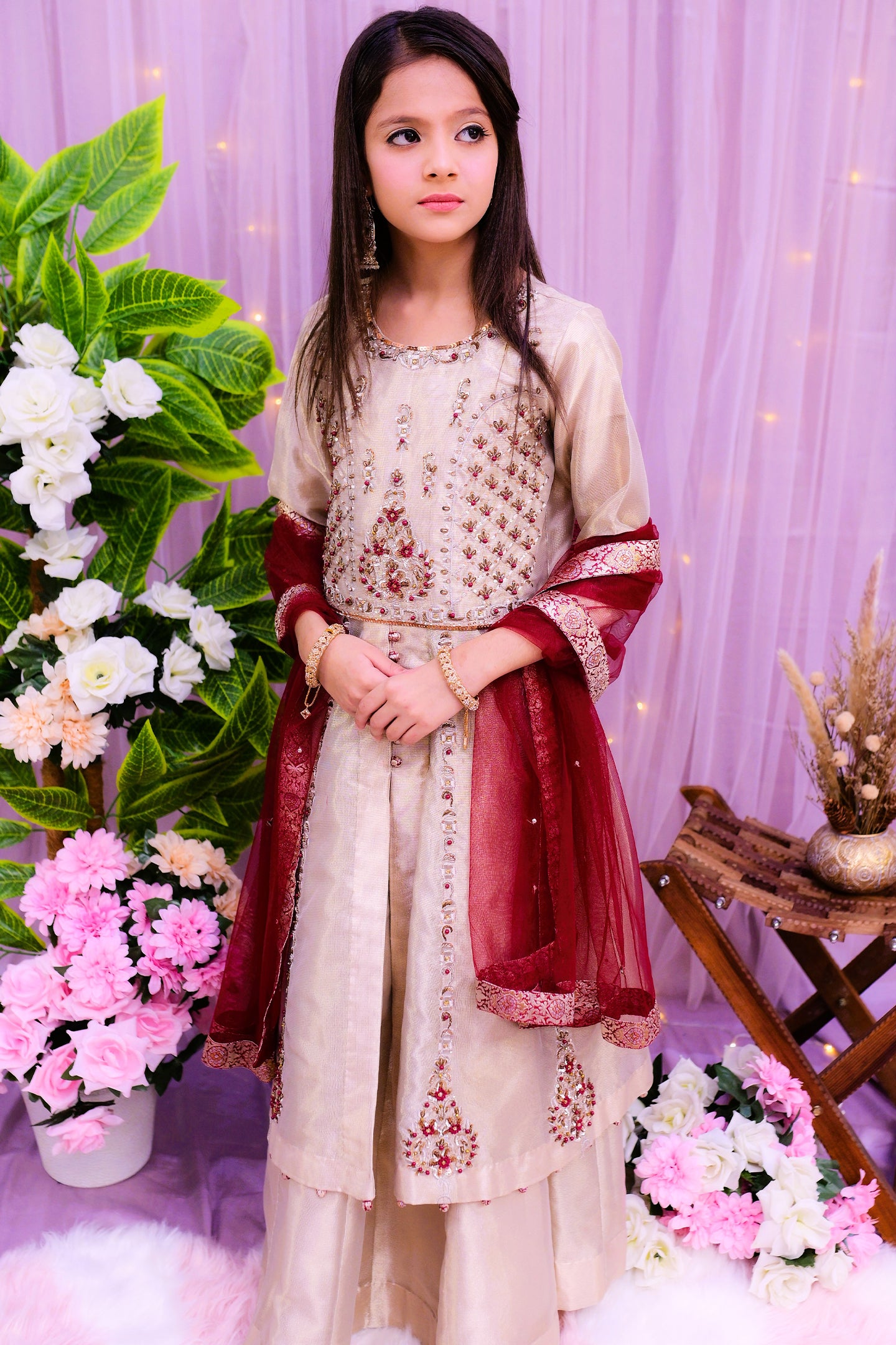 formal 3 piece long frock with lehnga & dupatta