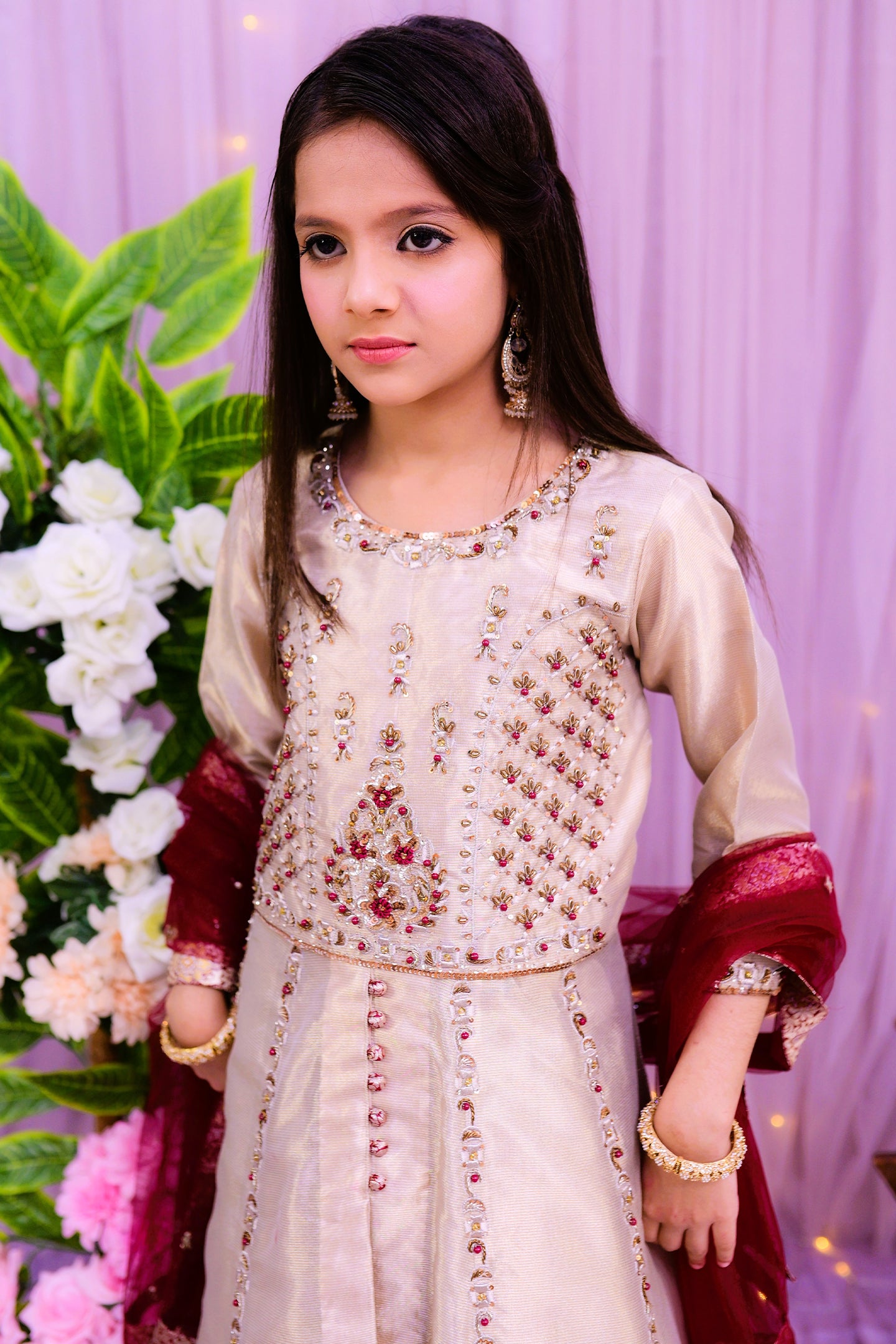 formal 3 piece long frock with lehnga & dupatta