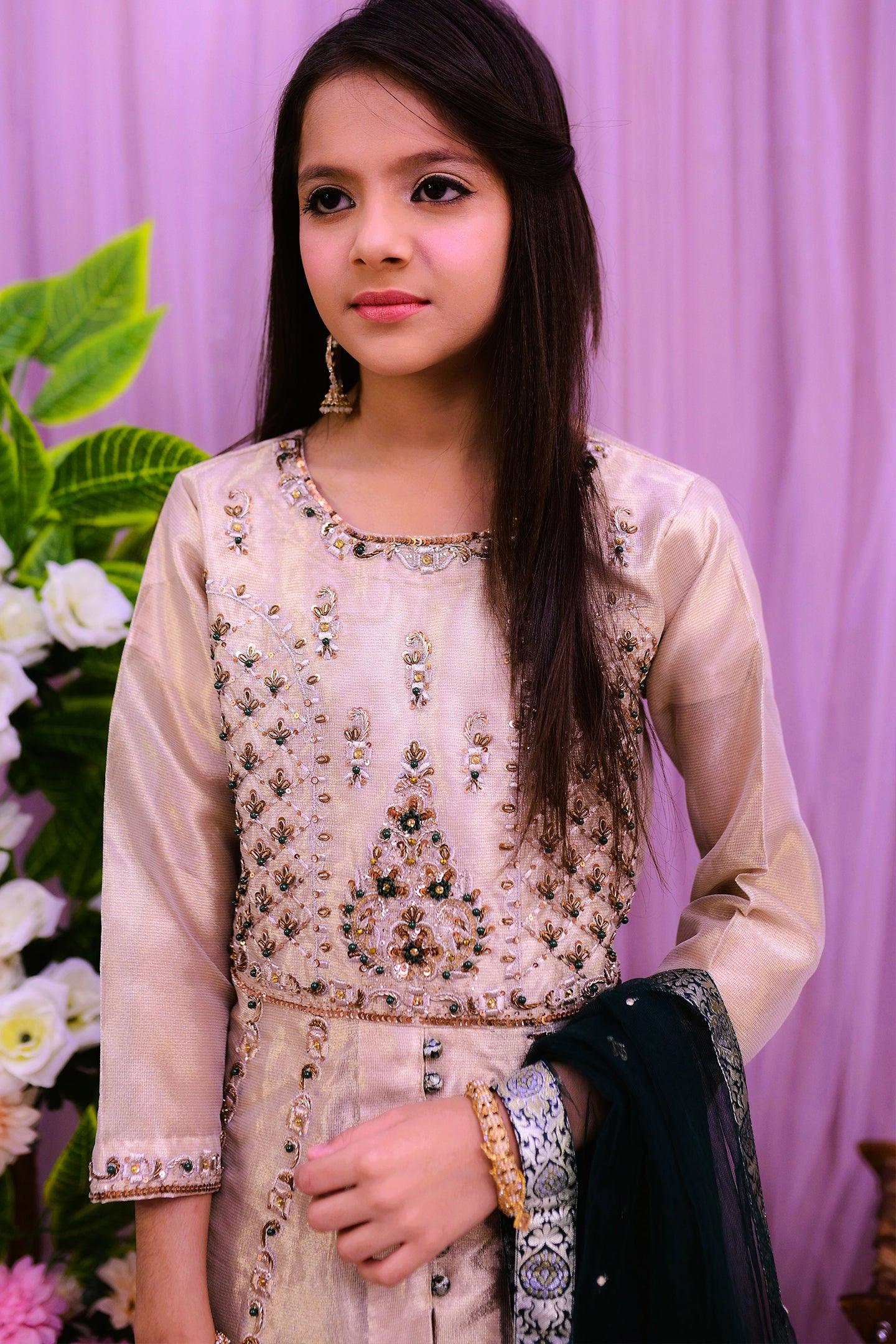 formal 3 piece long frock with lehnga & dupatta