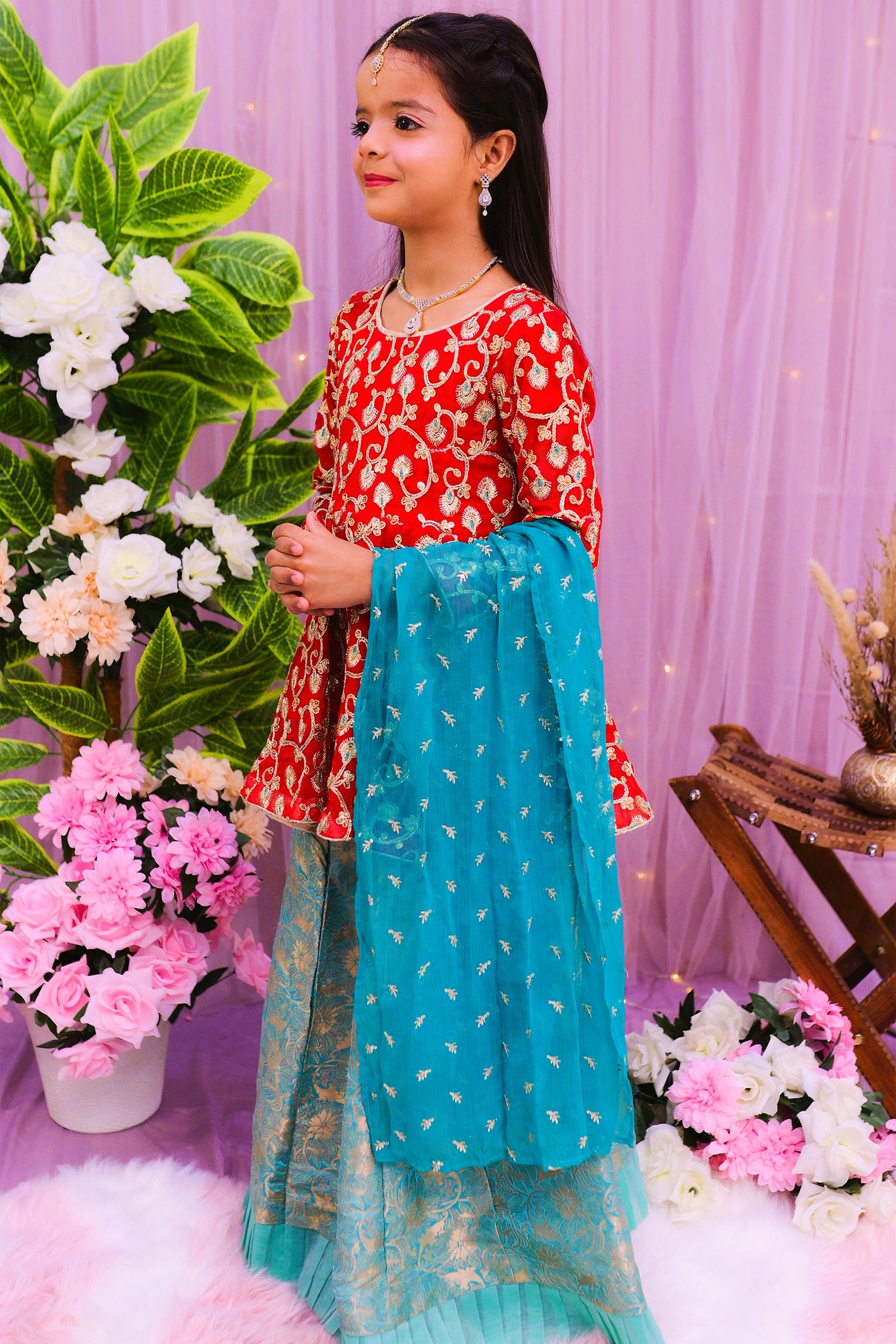 formal short cutline frock , lehnga & dupatta