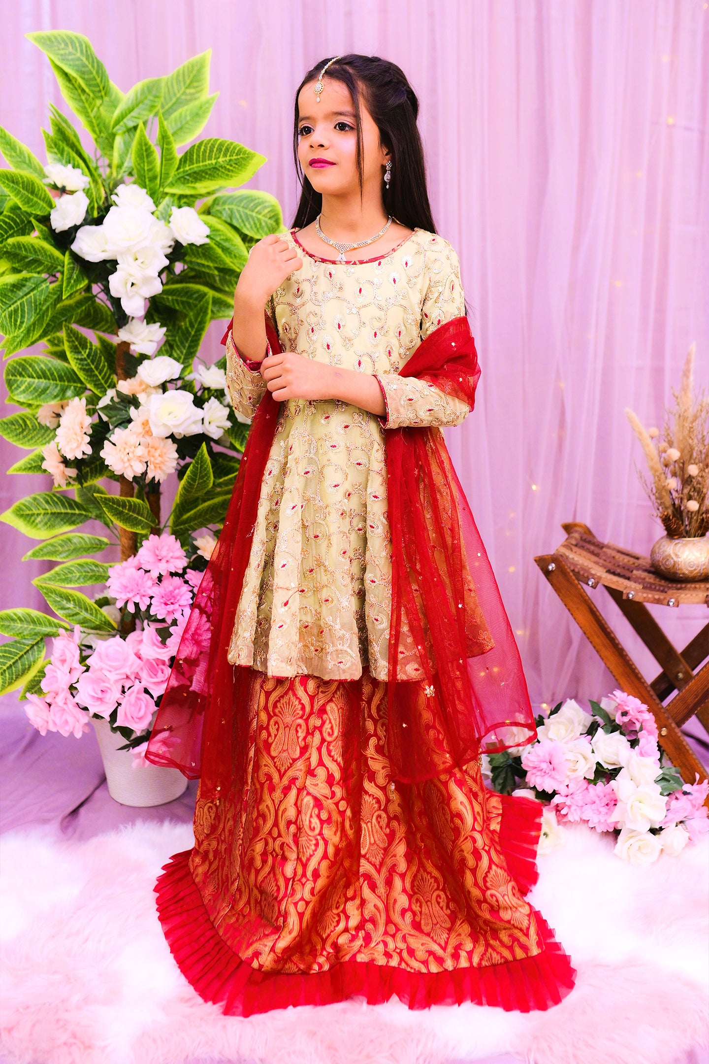 formal short cutline frock , lehnga & dupatta