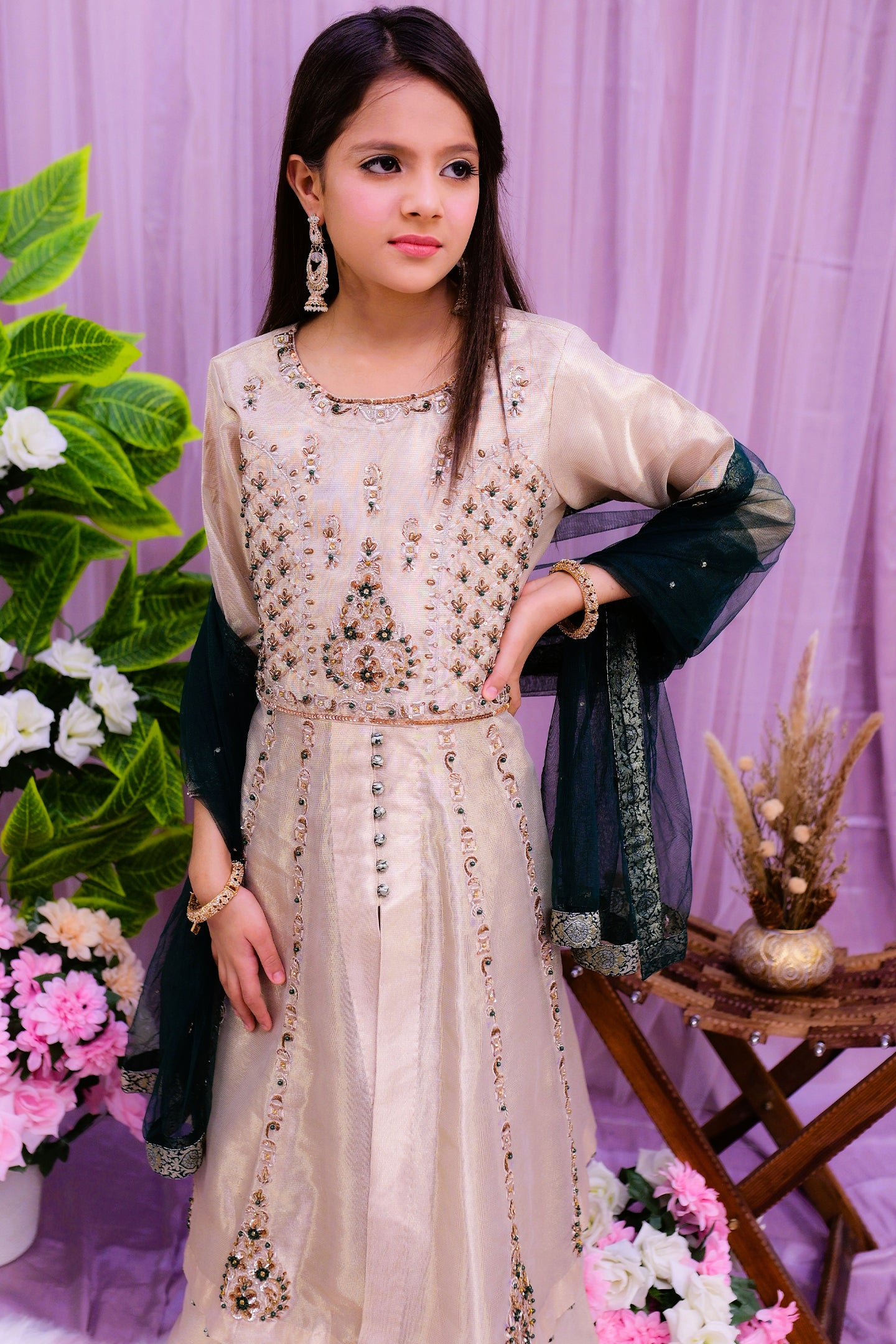 formal 3 piece long frock with lehnga & dupatta