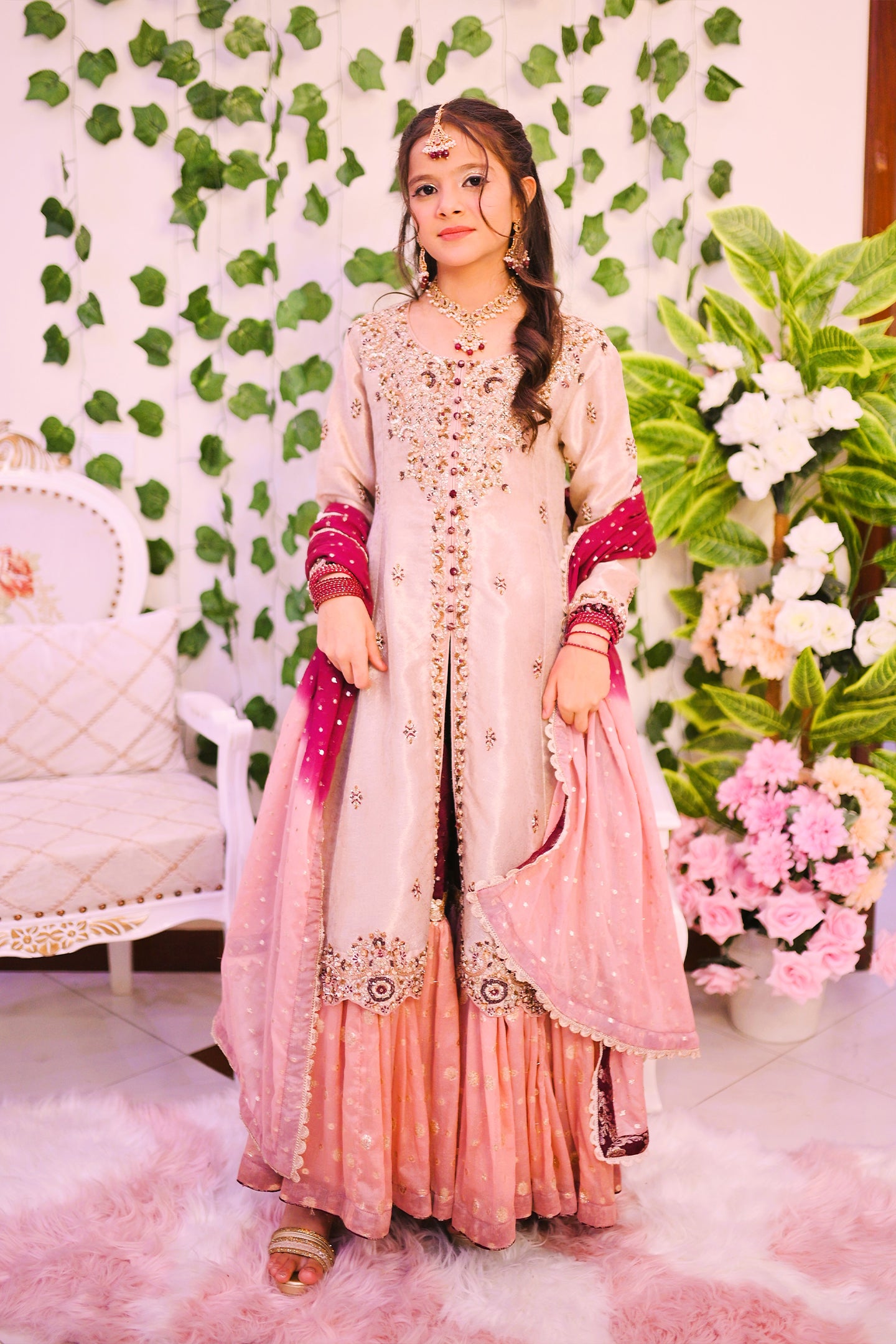 formal long front open shirt with farshi lehnga