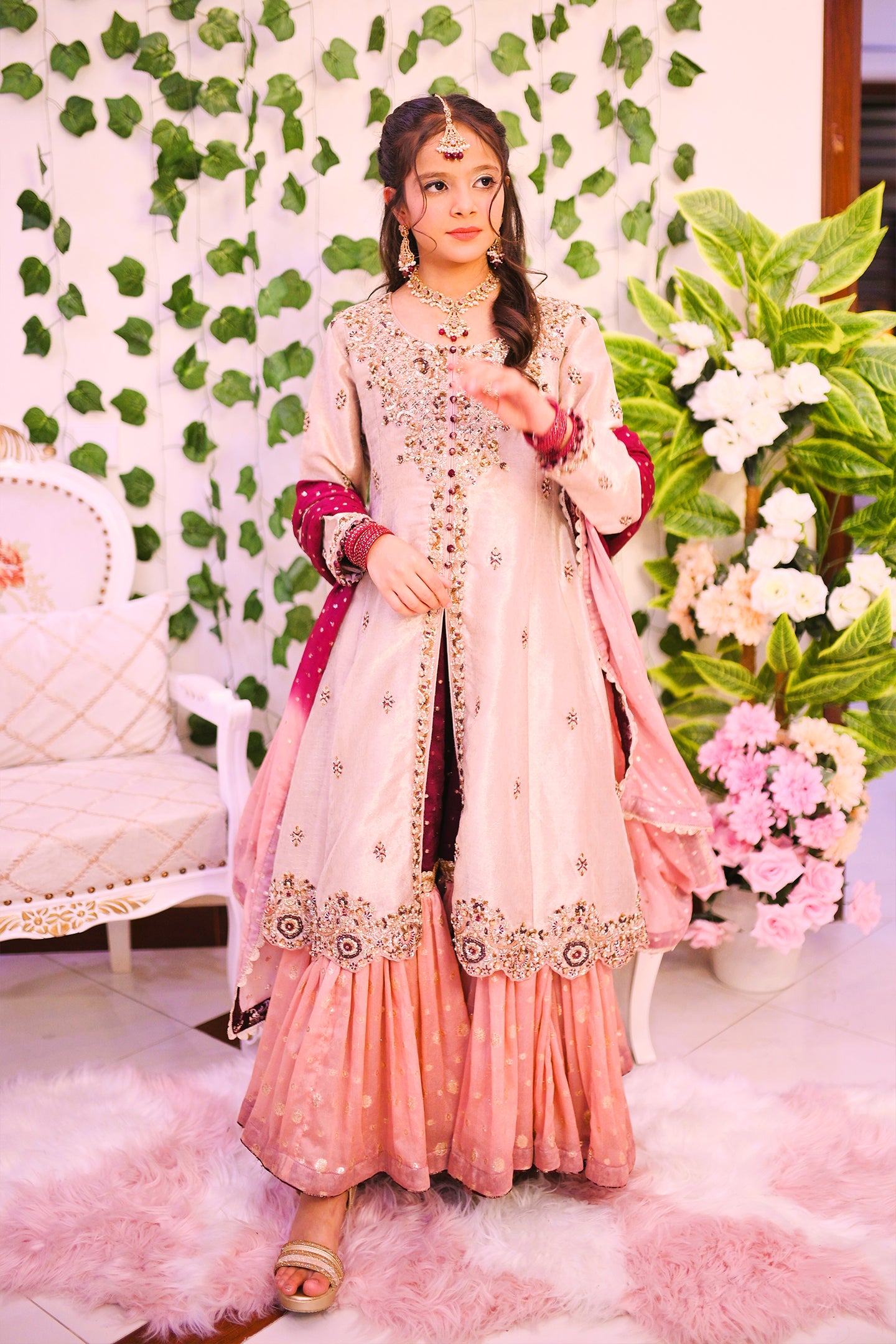 formal long front open shirt with farshi lehnga