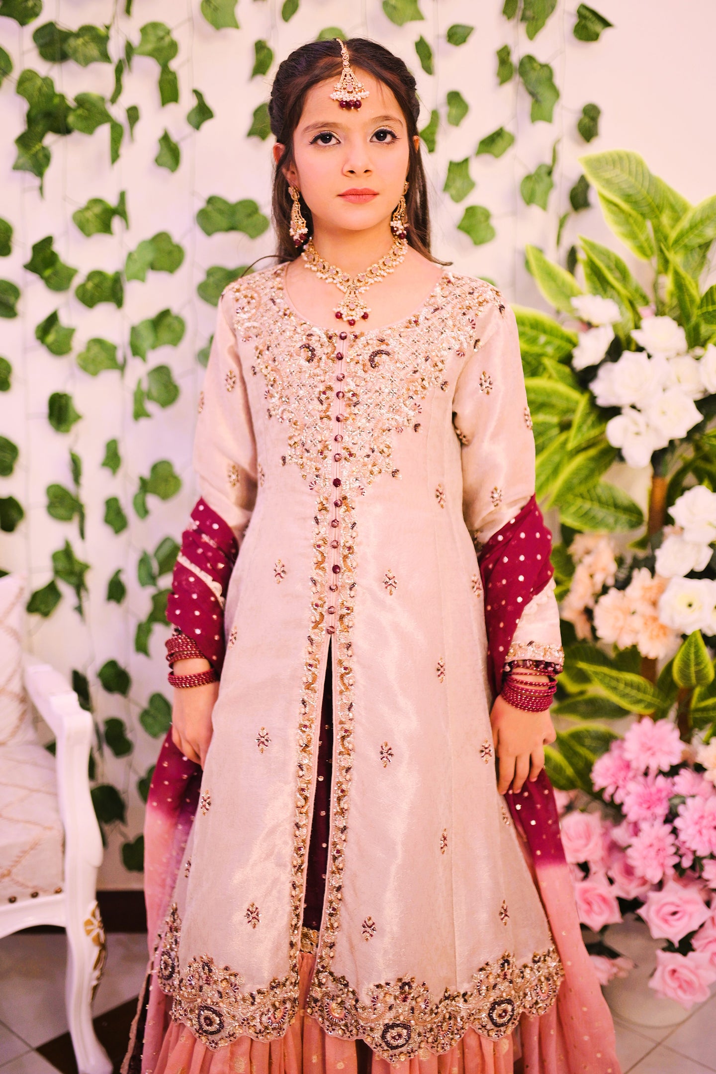 formal long front open shirt with farshi lehnga