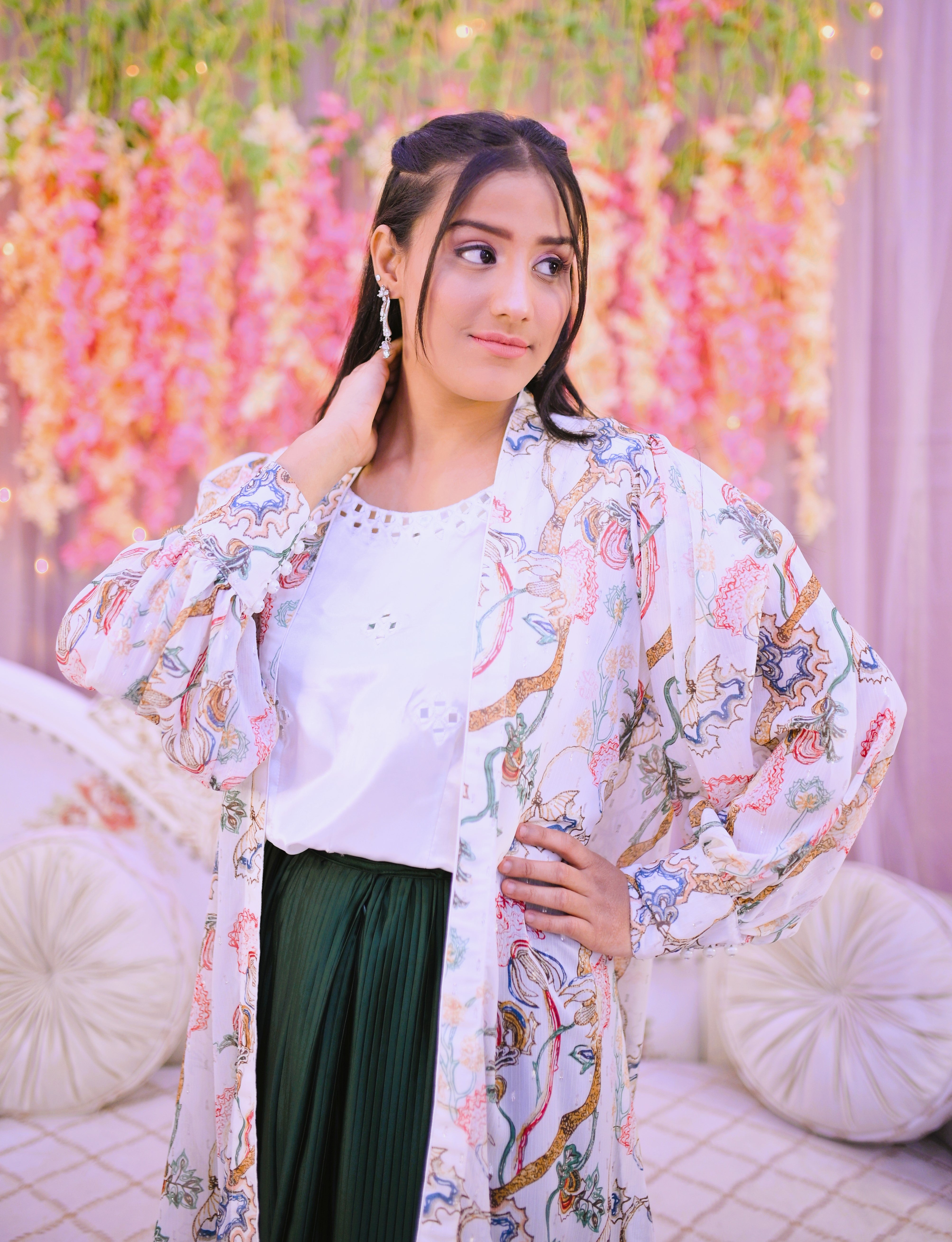 semiformal 2 piece shirt , skirt along with long coat