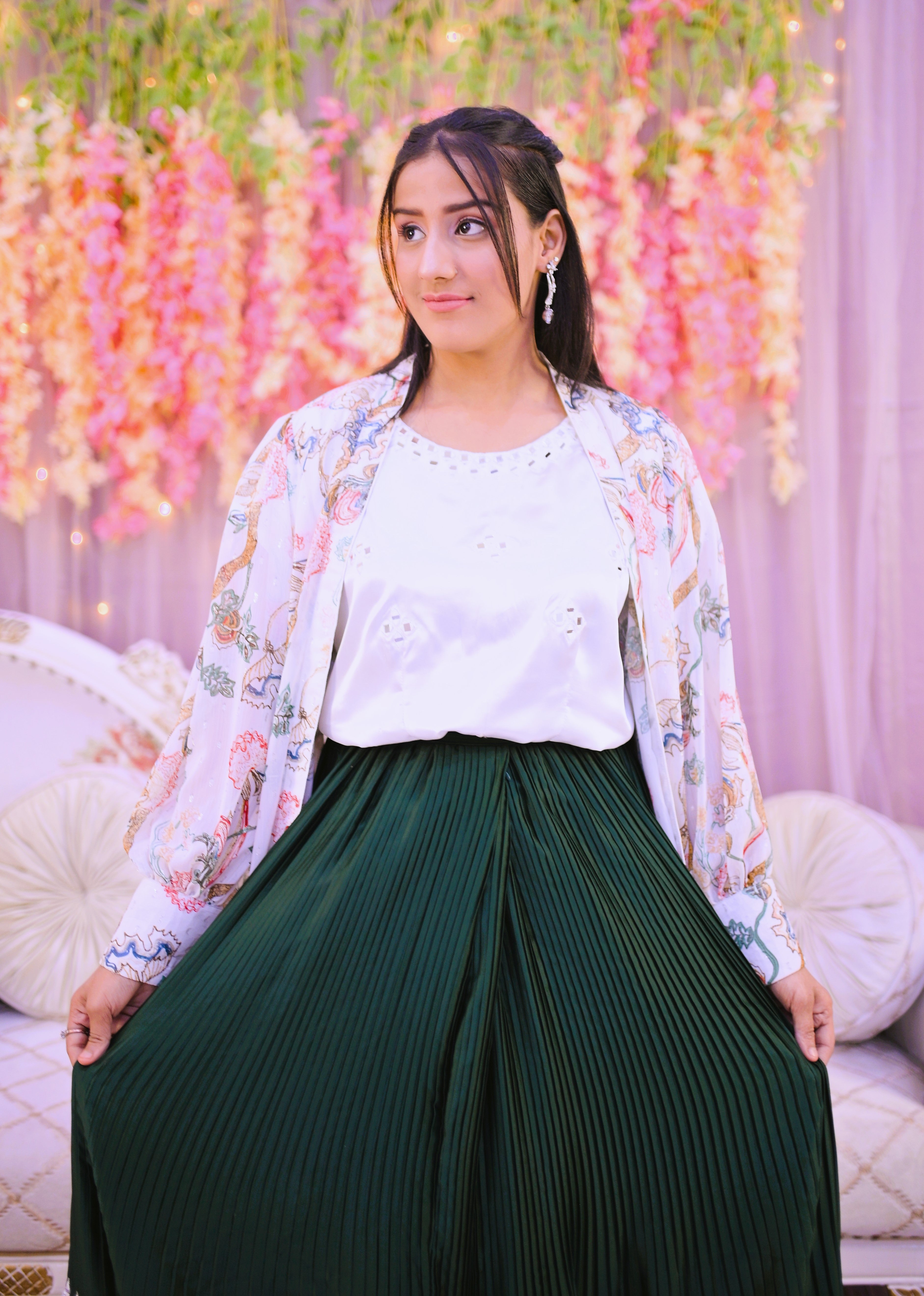 semiformal 2 piece shirt , skirt along with long coat