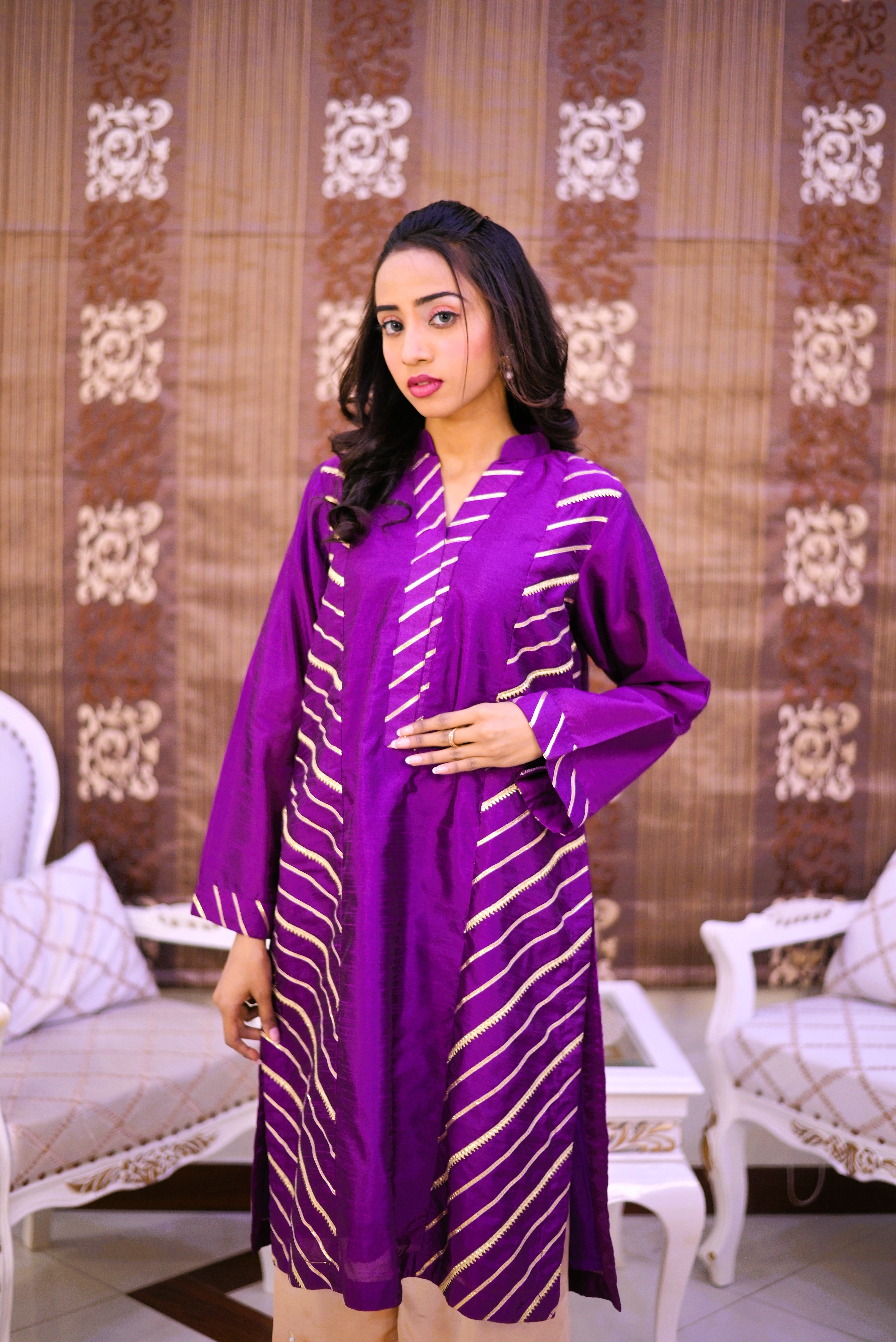 pannel shirt designed  with gota  patti work on front  and arranged with full sleeves with gota patti design